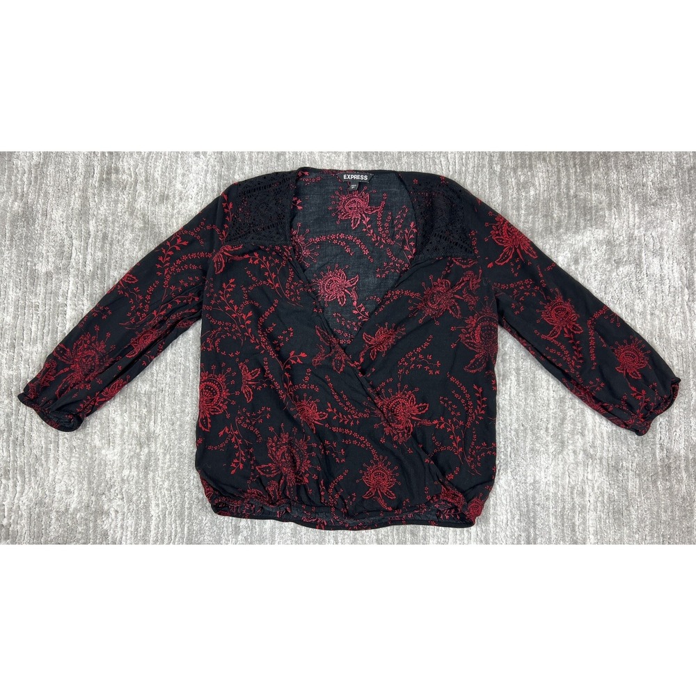 Express Blouse Womens Small Black Red Floral Surplice Crochet Lace Boho Top